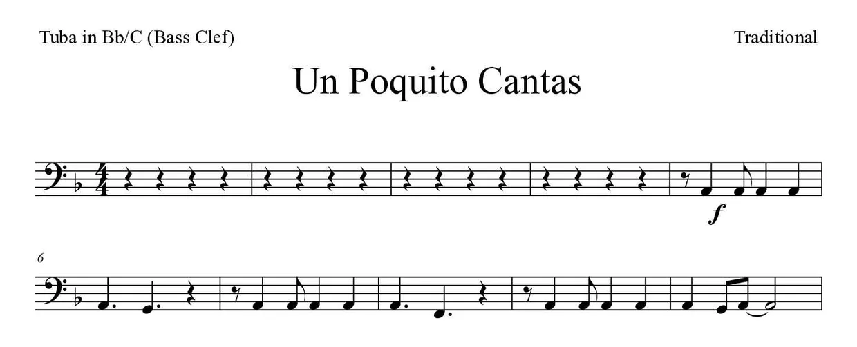 Noten von Un Poquito Cantas für Tuba in B/C (Bassschlüssel) (Mittel), erste Zeilen
