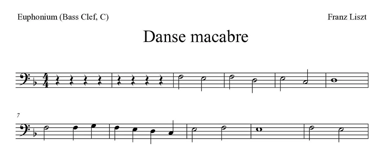 Partitura de Danse macabre para bombardino (clave de Fa, C), primeras líneas