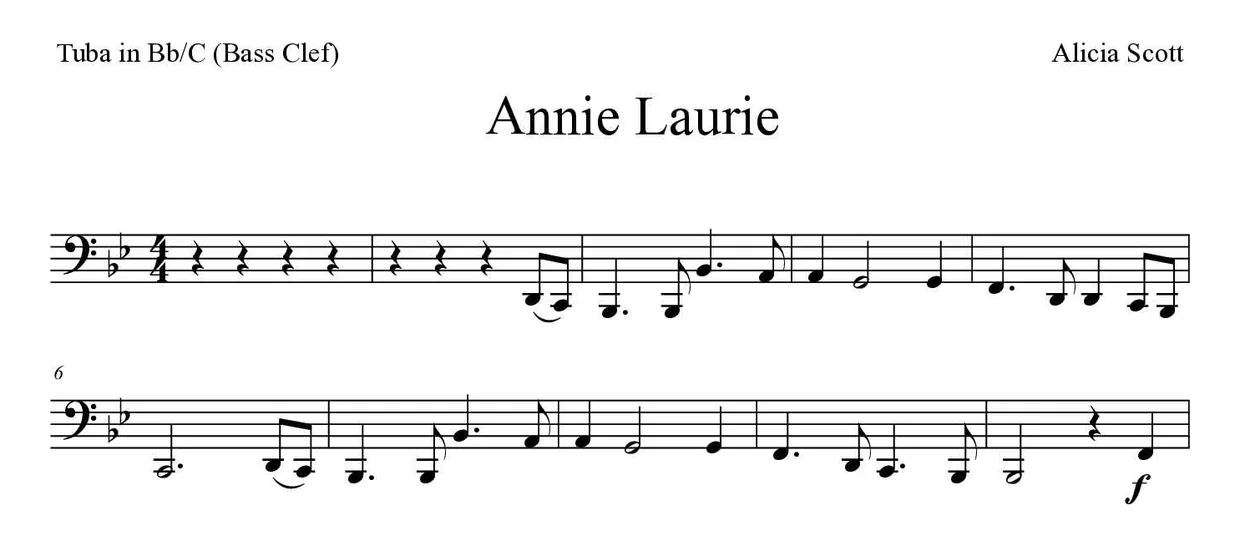 Noten von Annie Laurie für Tuba in B/C (Bassschlüssel) (Einfach), erste Zeilen