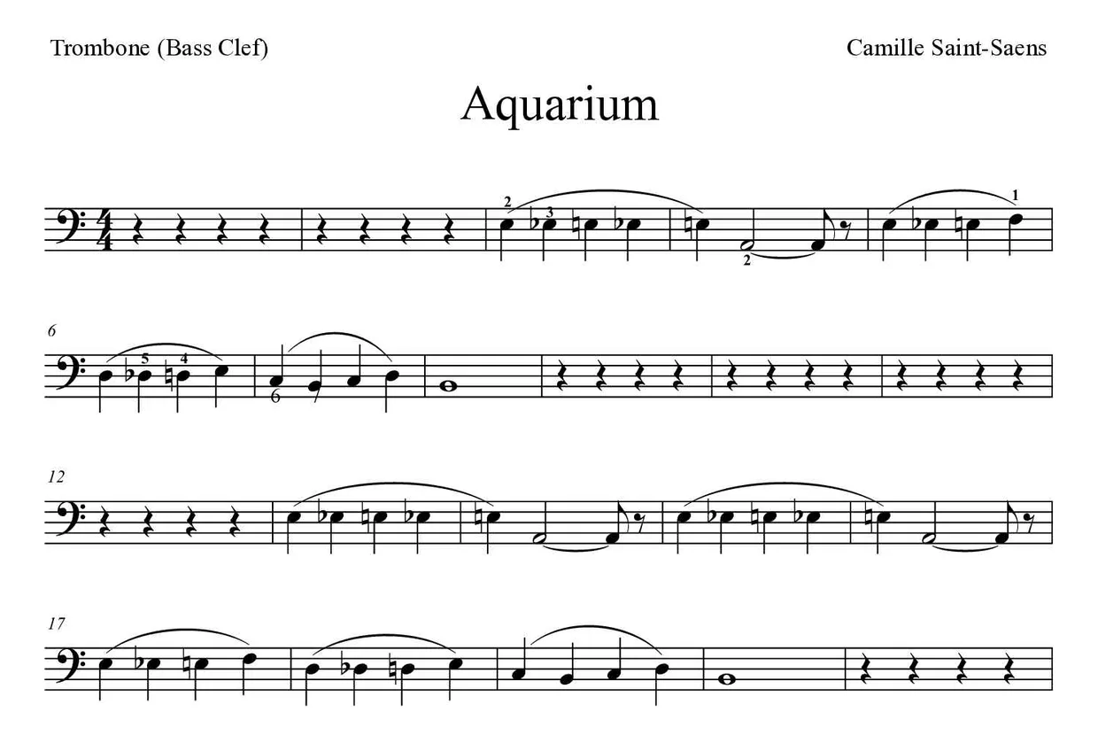 Bladmuziek van Aquarium voor trombone, eerste regels