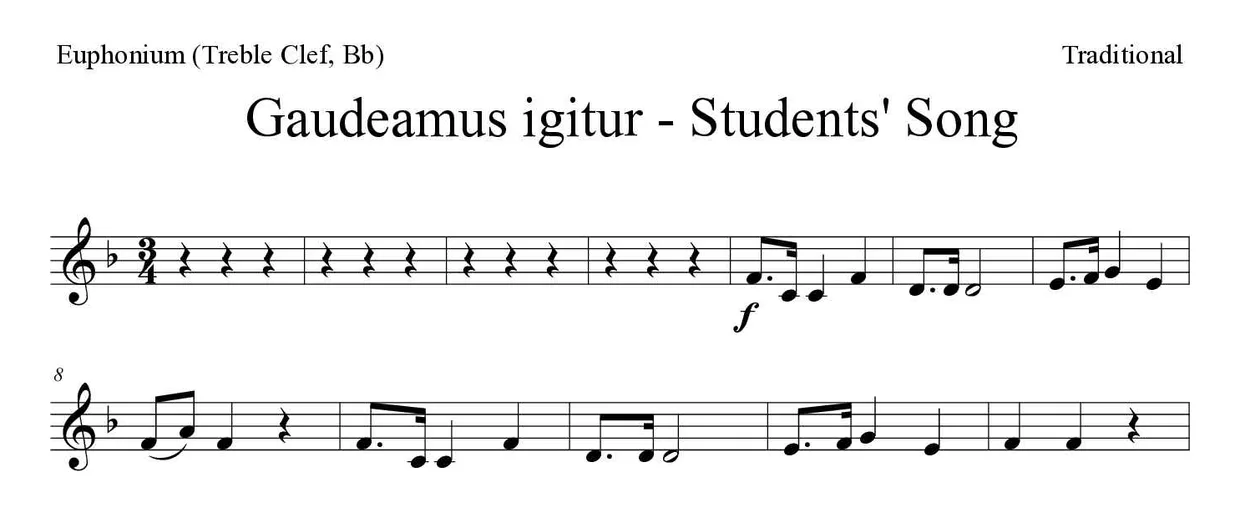 Sheet music of Gaudeamus igitur - Students' Song for euphonium (treble clef, Bb) (Medium), first lines