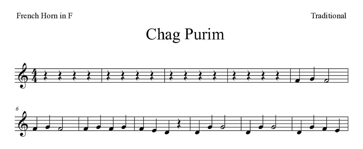 Partition de Chag Purim pour cor d'harmonie, premières lignes