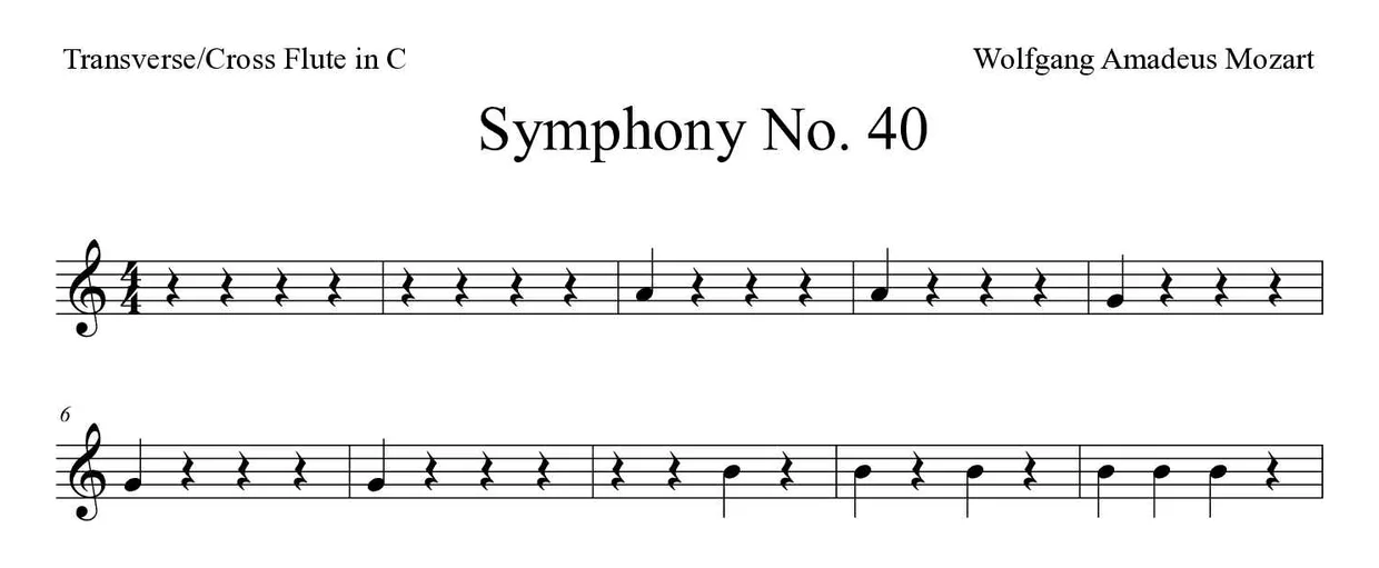 Sheet music of Symphony No. 40 for flute (Easy), first lines