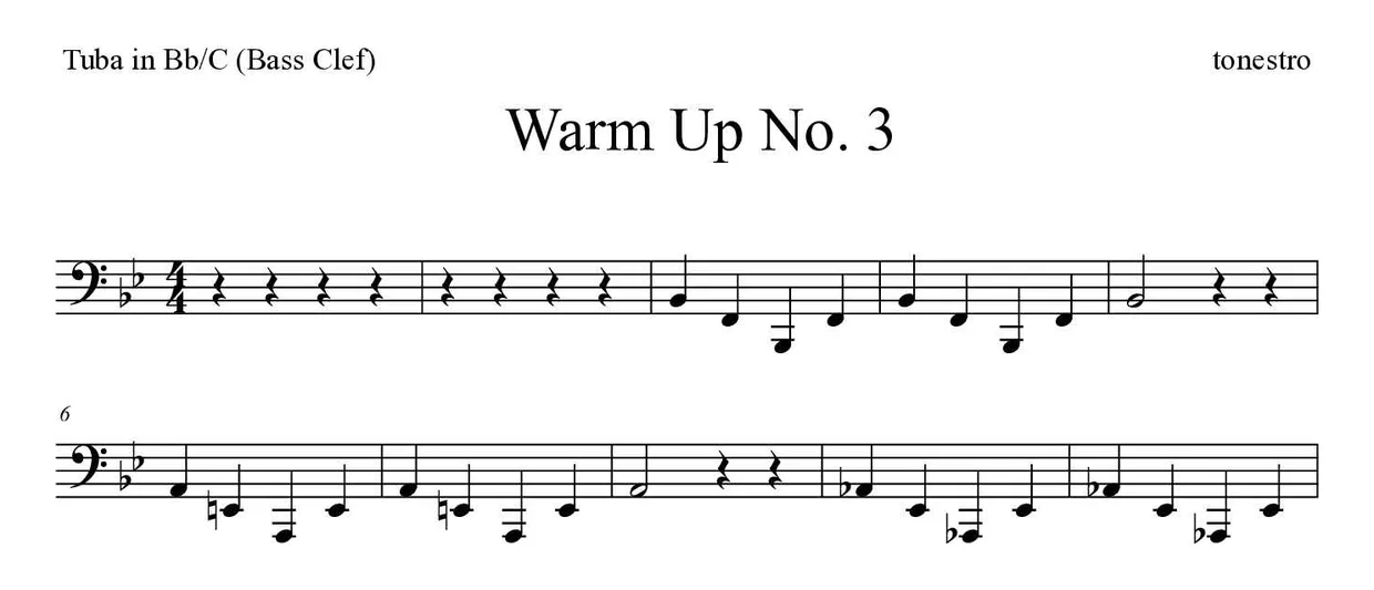 Spartito di Warm Up No. 3 per tuba in Bb/C (bass clef), prime righe