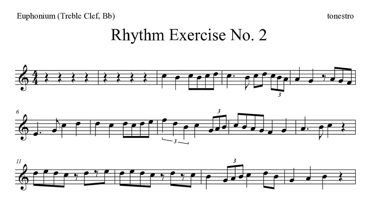 Partition de Rhythm Exercise No. 2 pour euphonium (clé de sol, si bémol), premières lignes