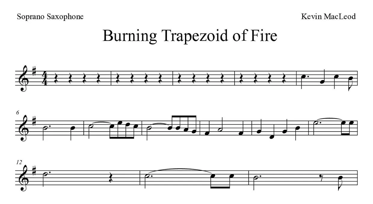 「Burning Trapezoid of Fire」Soprano Saxophone用楽譜の最初の数段