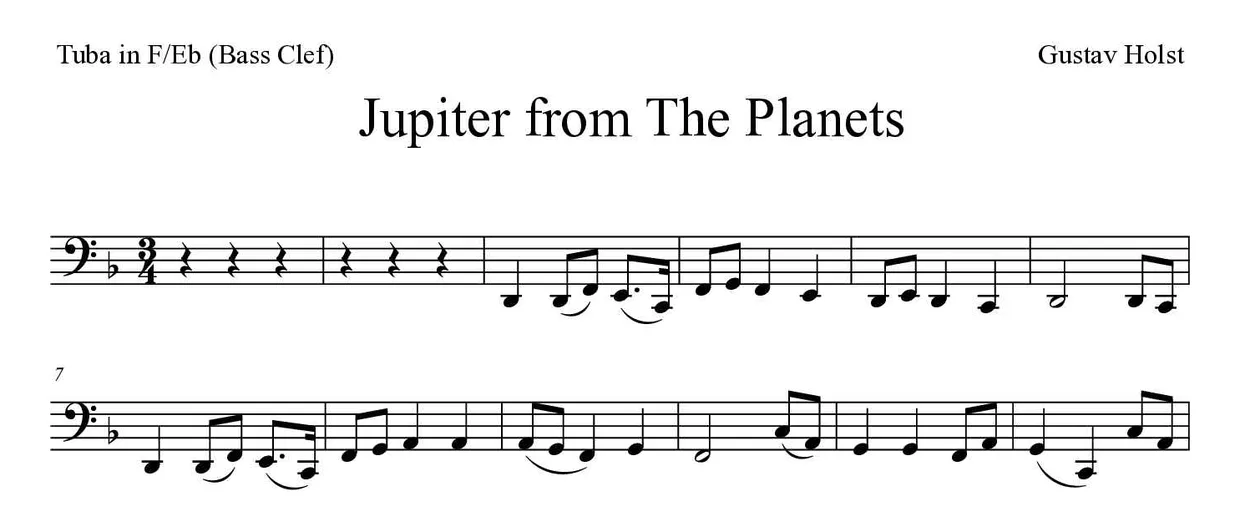 「Jupiter from The Planets」Tuba in F/Eb (Bass Clef)用楽譜の最初の数段