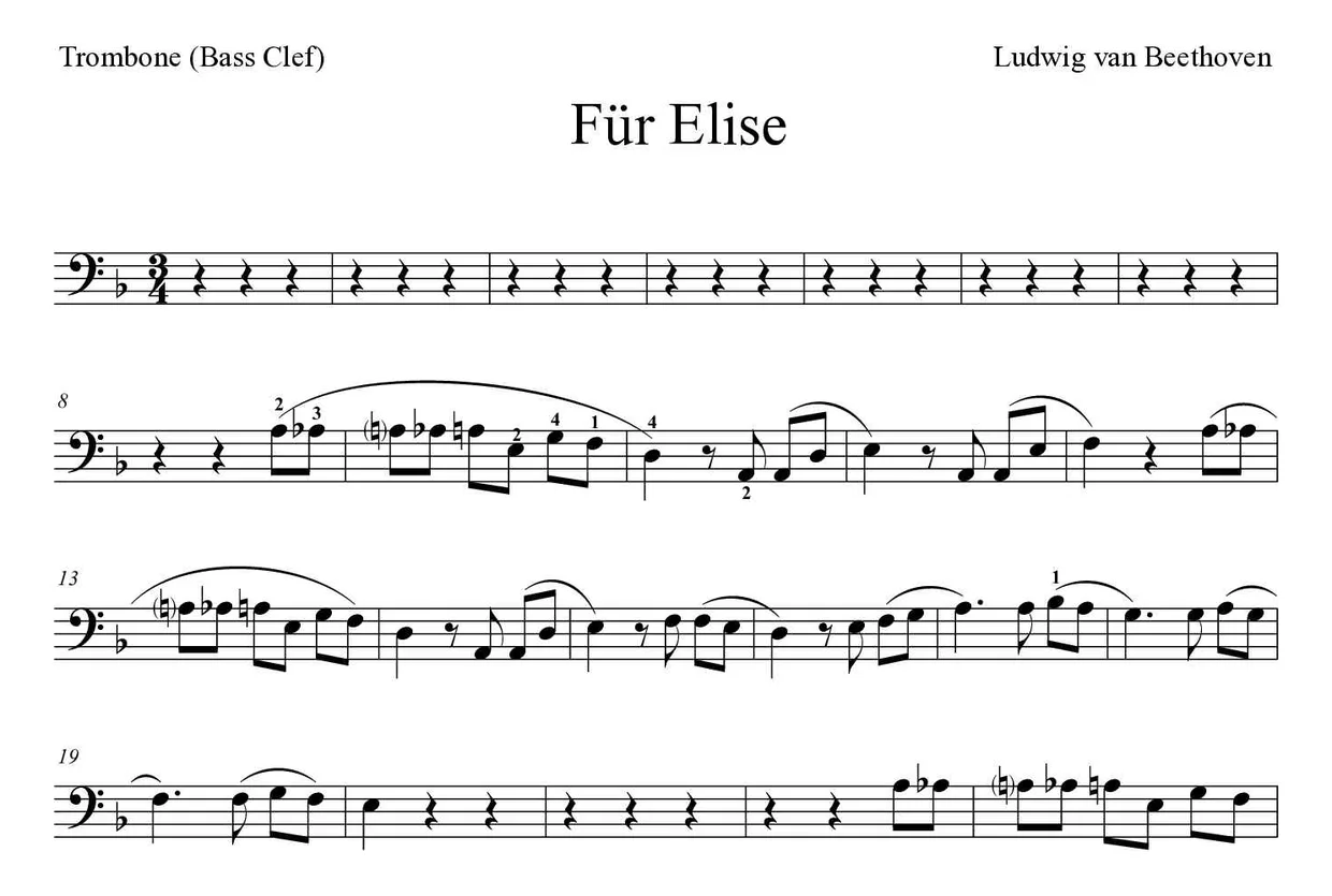 Spartito di Für Elise per trombone, prime righe