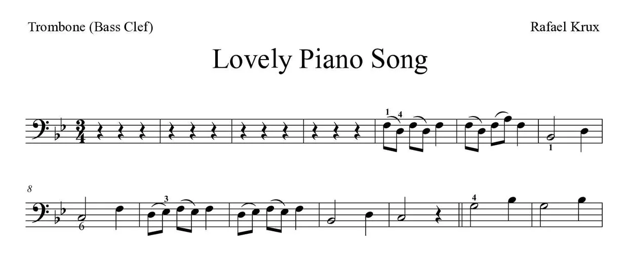 「Lovely Piano Song」Trombone用楽譜の最初の数段