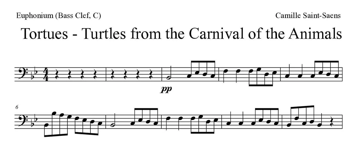 Partitura de Tortues - Turtles from the Carnival of the Animals para eufónio (clave de Fa, C), primeiras linhas