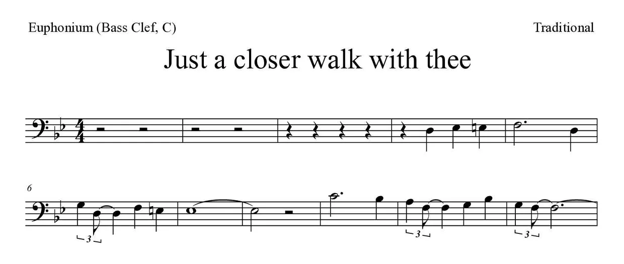 ‘Just a closer walk with thee’ Euphonium (Bass Clef, C) 악보의 첫 몇 줄