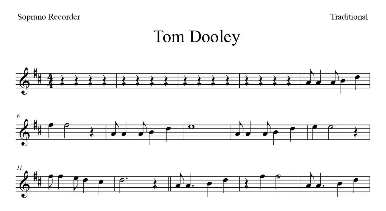 Sheet music of Tom Dooley for recorder (Medium), first lines