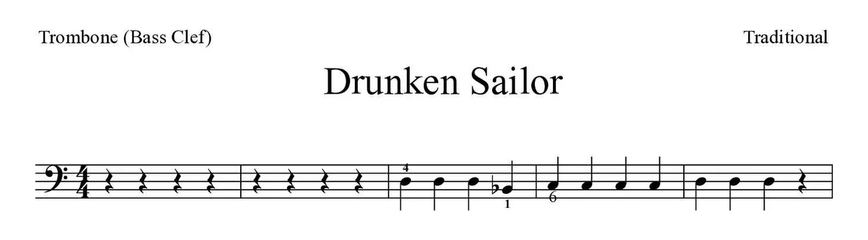 Partitura de Drunken Sailor para trombone, primeiras linhas