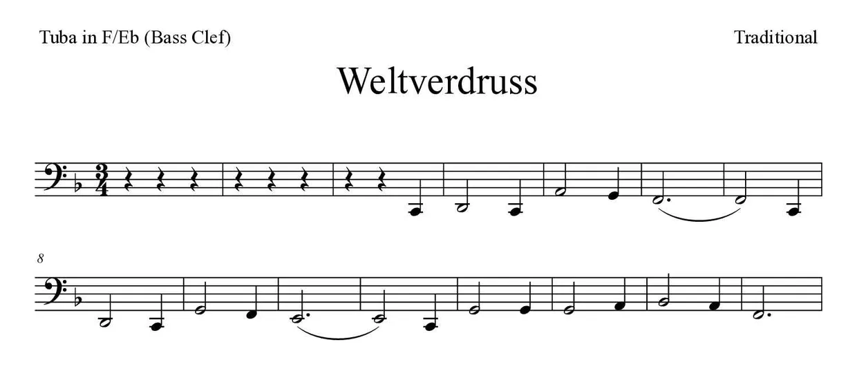 《Weltverdruss》F/Eb大号(低音谱号)乐谱前几行