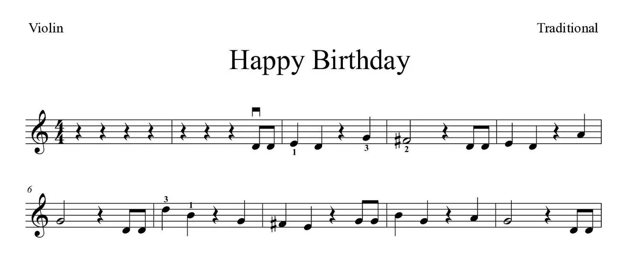 Noten von Happy Birthday für Geige (Mittel), erste Zeilen