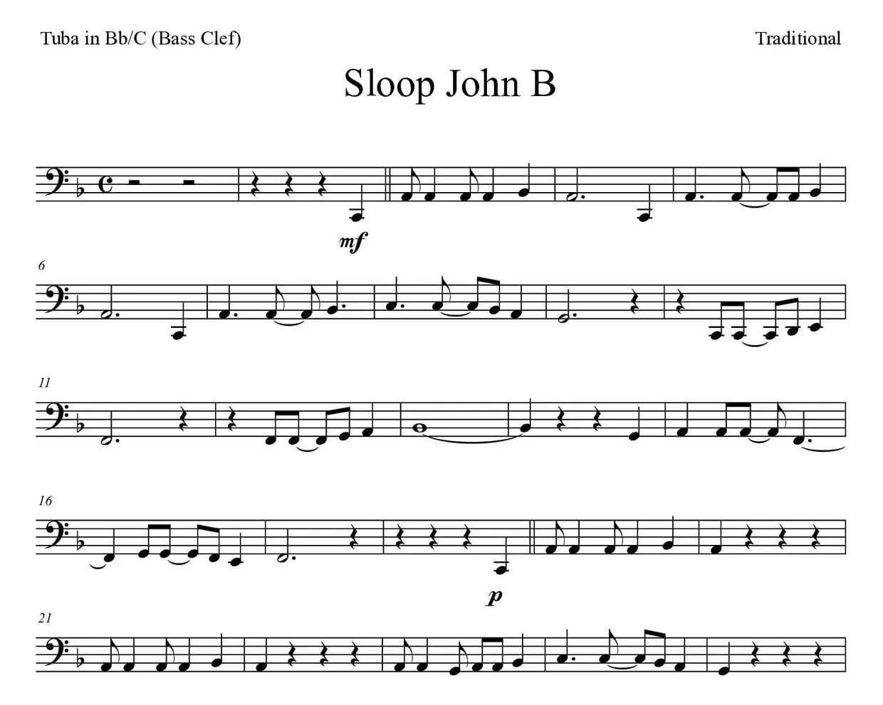 Sheet music of Sloop John B for tuba in Bb/C (bass clef) (Medium), first lines