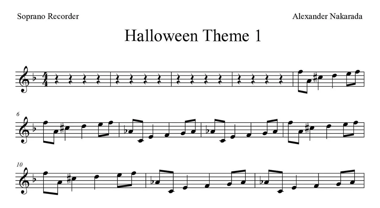 Partition de Halloween Theme 1 pour flûte à bec, premières lignes