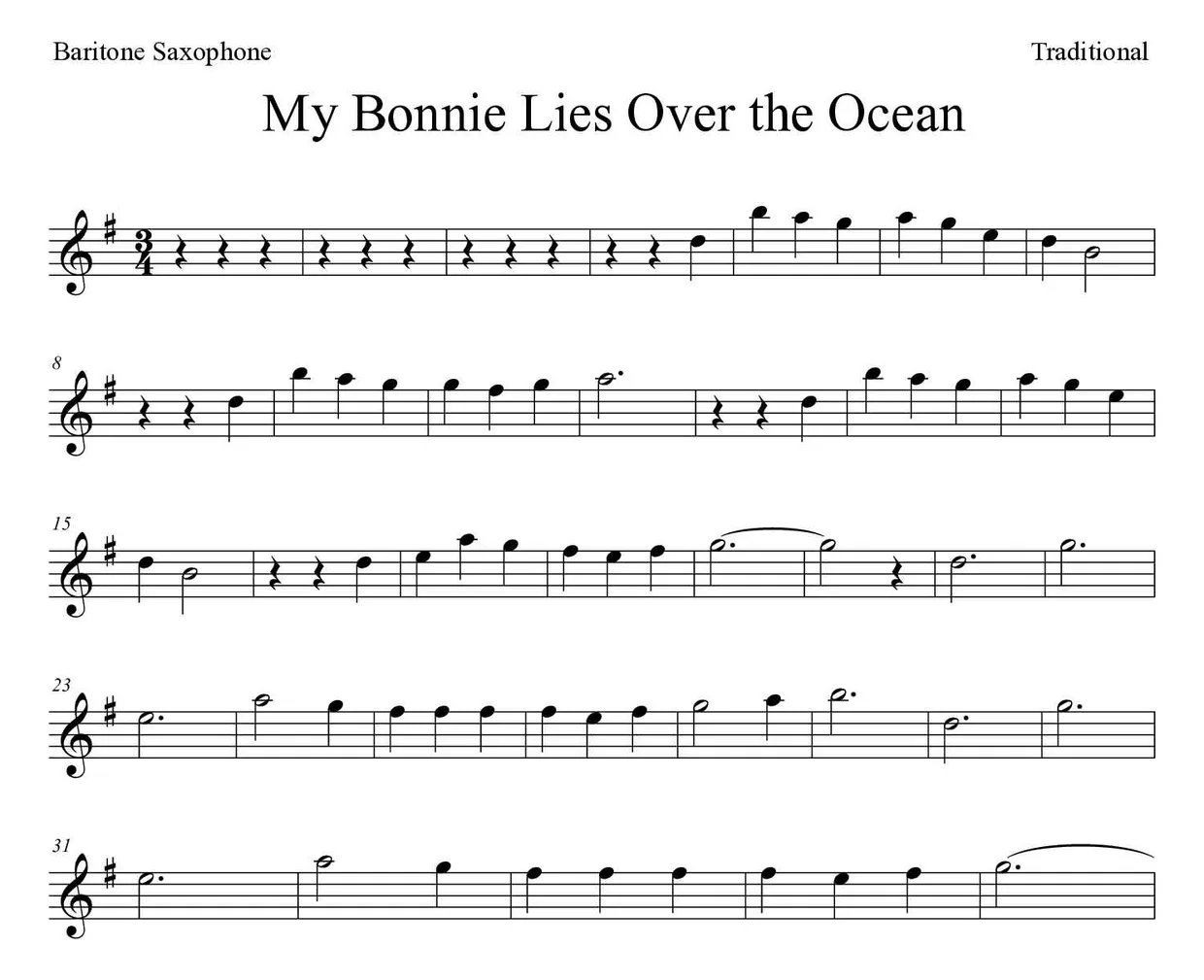 Bladmuziek van My Bonnie Lies Over the Ocean voor baritone saxophone, eerste regels