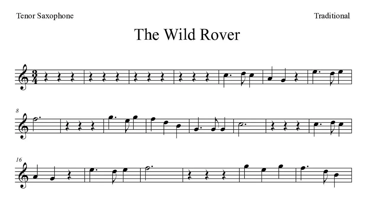 Noten von The Wild Rover für Tenorsaxophon (Einfach), erste Zeilen