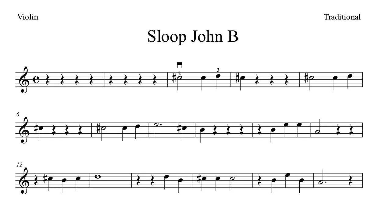 Noten von Sloop John B für Geige (Mittel), erste Zeilen