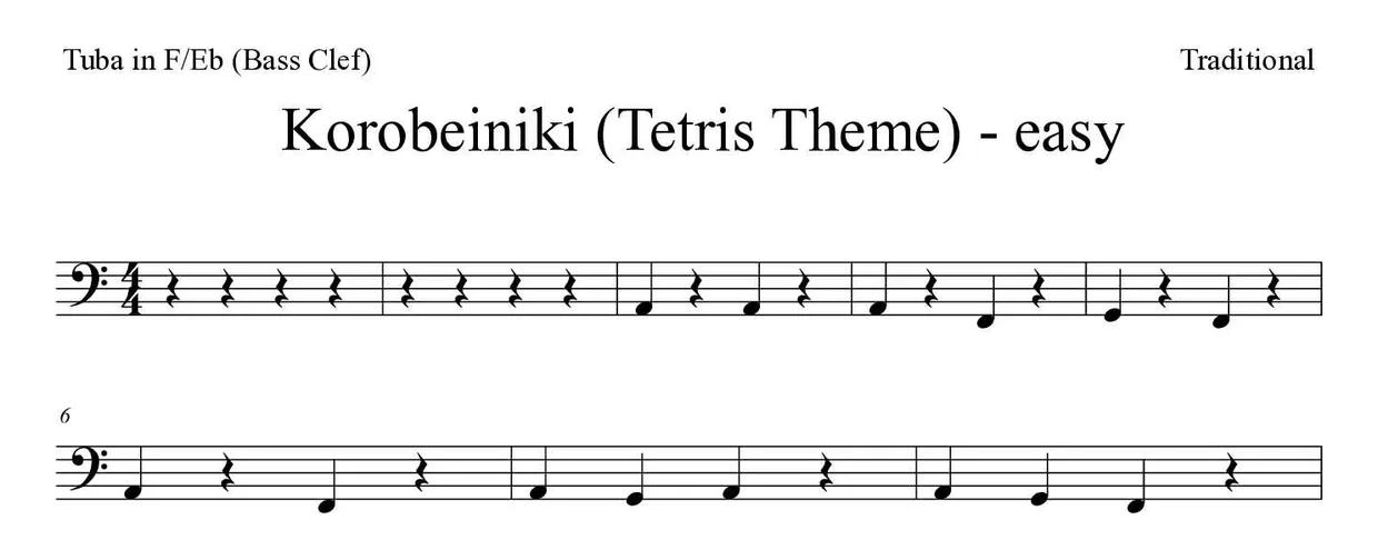 Partitura de Korobeiniki (Tetris Theme) - easy para tuba em Fá/Mib (clave de Fa), primeiras linhas