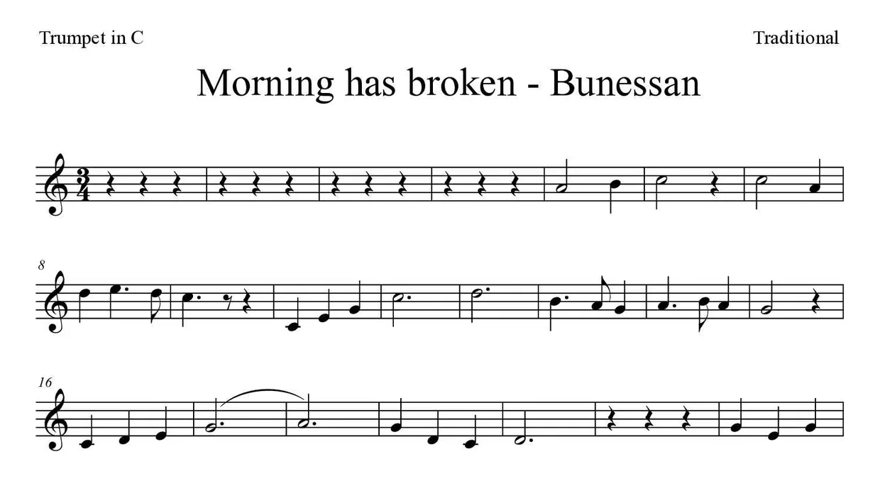 Spartito di Morning has broken - Bunessan per trumpet in C, prime righe