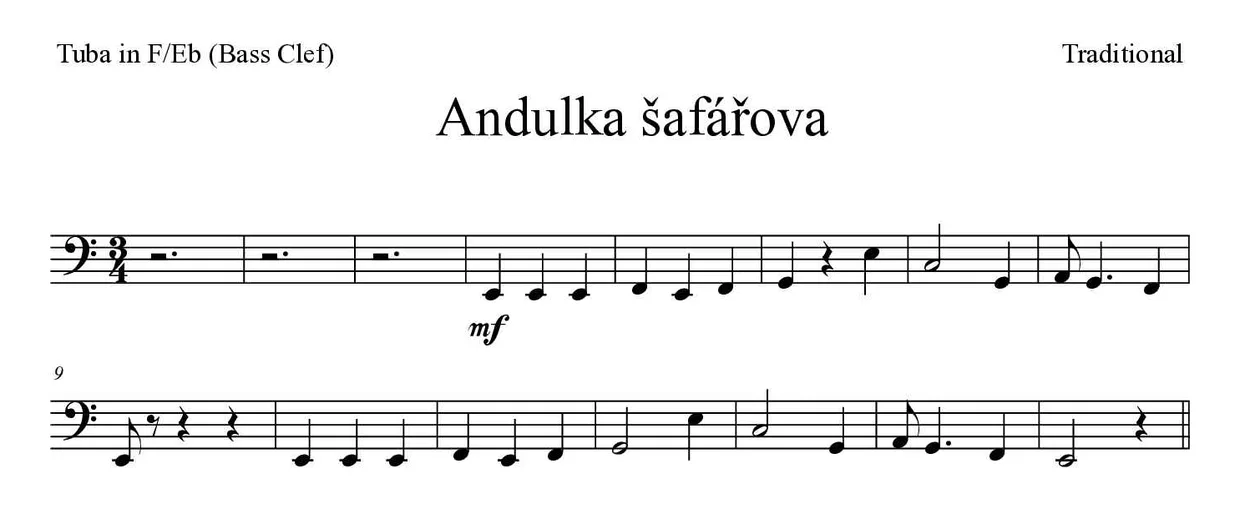Sheet music of Andulka šafářova for tuba in F/Eb (bass clef) (Medium), first lines