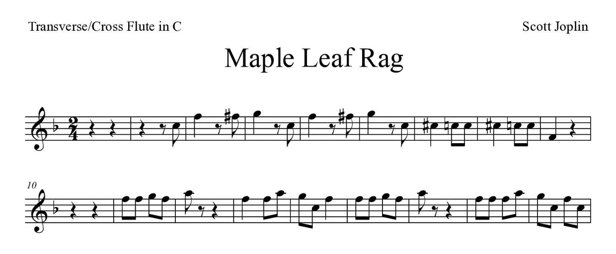 Sheet music of Maple Leaf Rag for flute (Medium), first lines