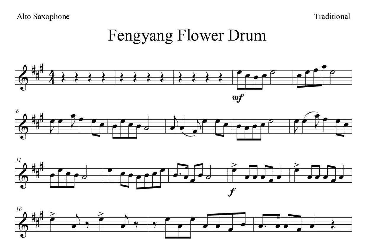 Partition de Fengyang Flower Drum pour saxophone alto, premières lignes