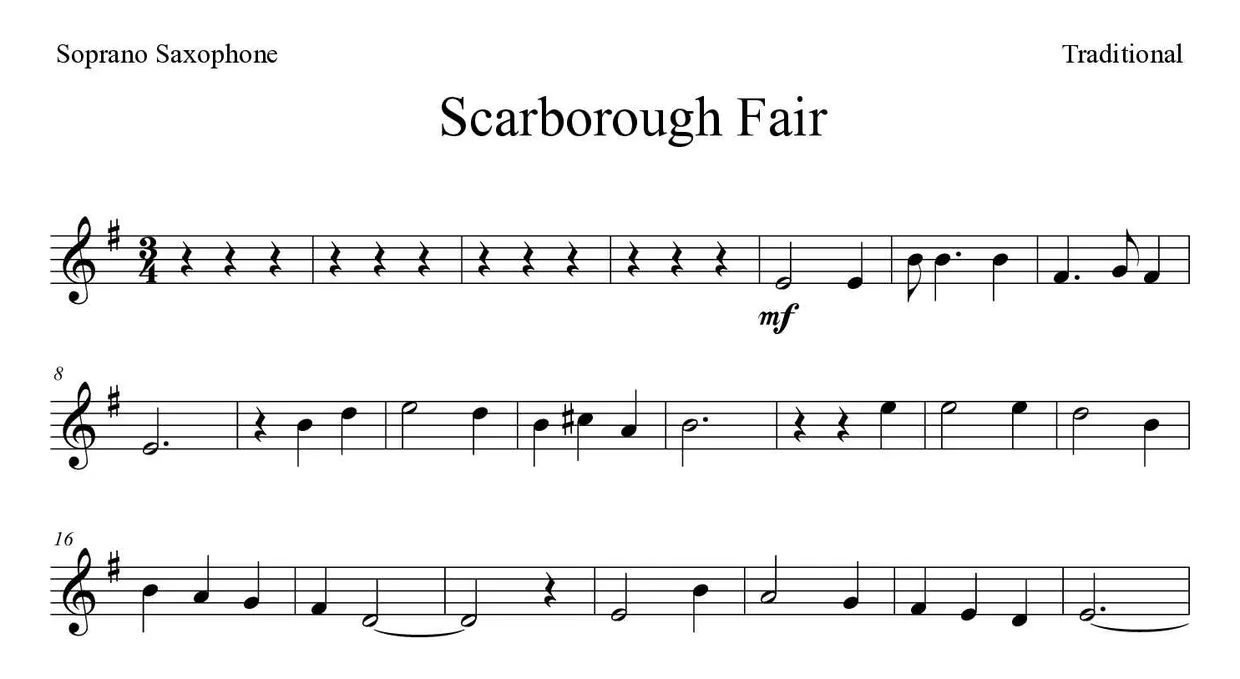 Partitura de Scarborough Fair para saxofone soprano, primeiras linhas