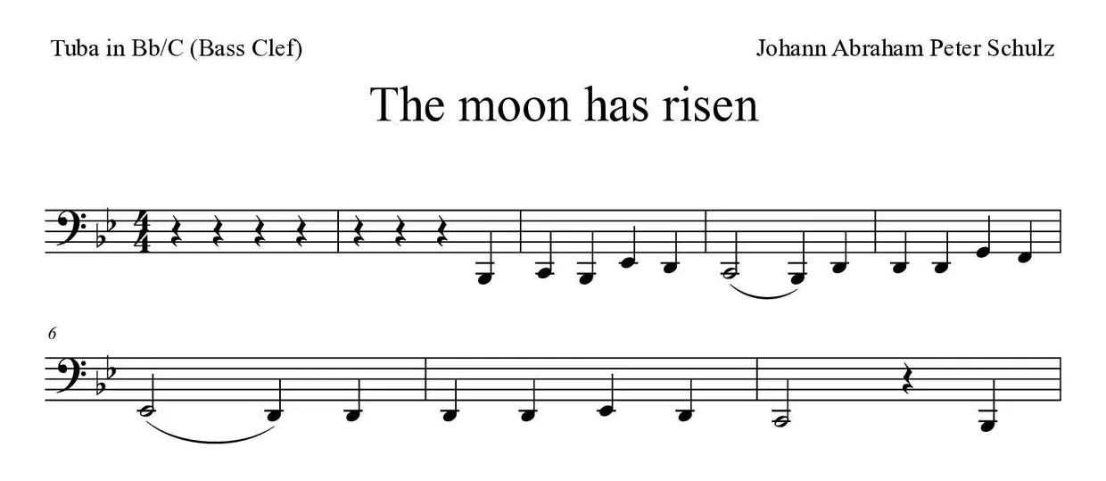 Noten von Der Mond ist aufgegangen für Tuba in B/C (Bassschlüssel) (Einfach), erste Zeilen