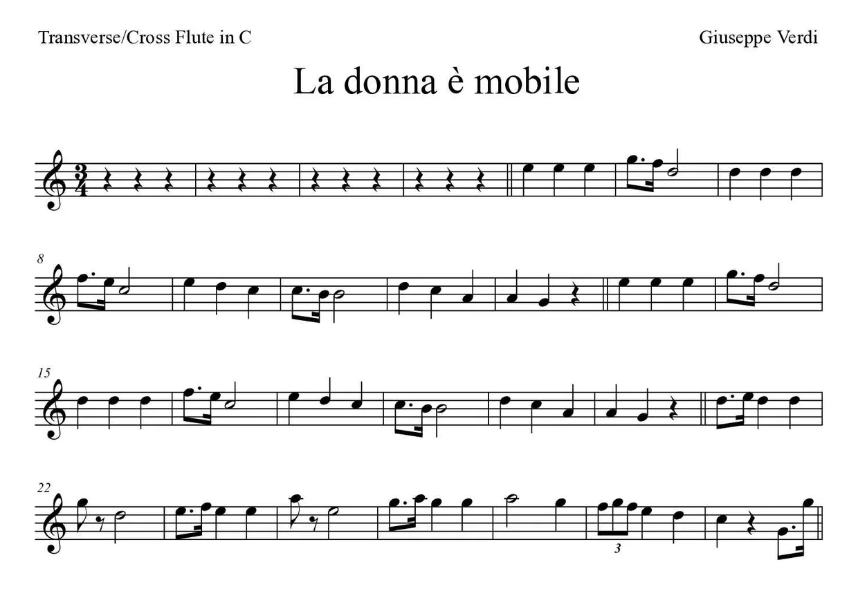 Noten von La donna è mobile für Querflöte (Mittel), erste Zeilen