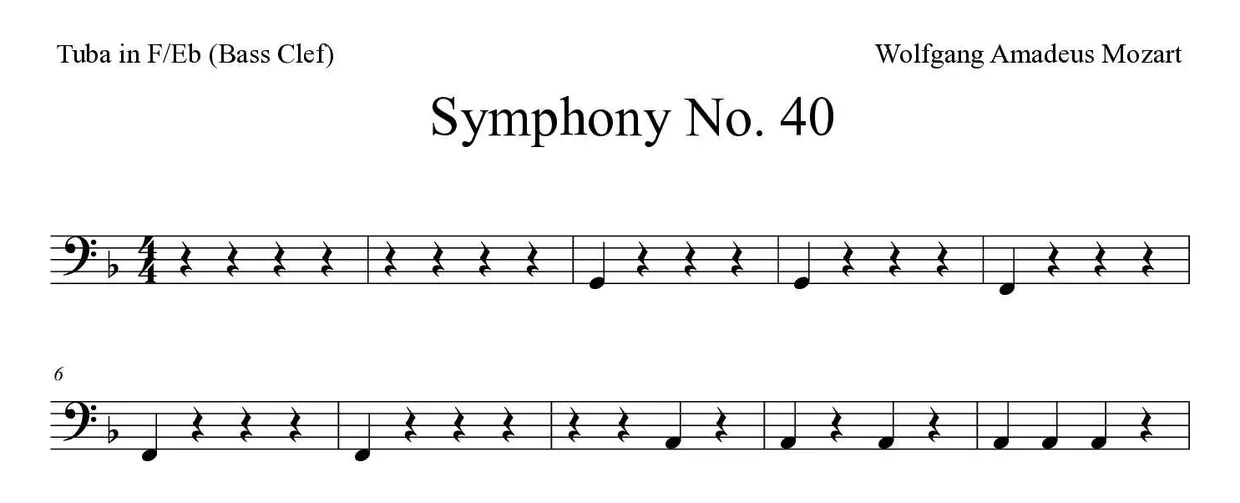 Sheet music of Symphony No. 40 for tuba in F/Eb (bass clef) (Easy), first lines