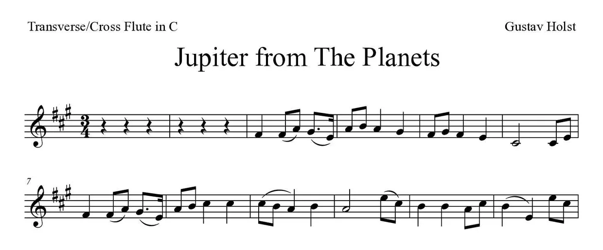 Sheet music of Jupiter from The Planets for flute (Medium), first lines
