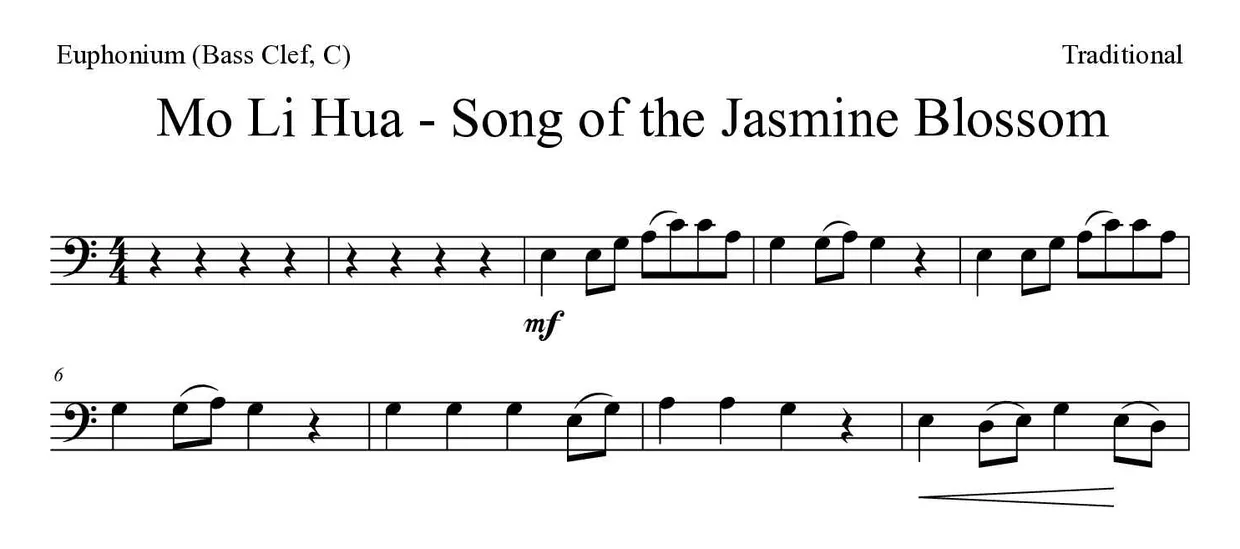 Noten von Mo Li Hua - Lied der Jasminblüte für Euphonium (Bassschlüssel, C) (Mittel), erste Zeilen