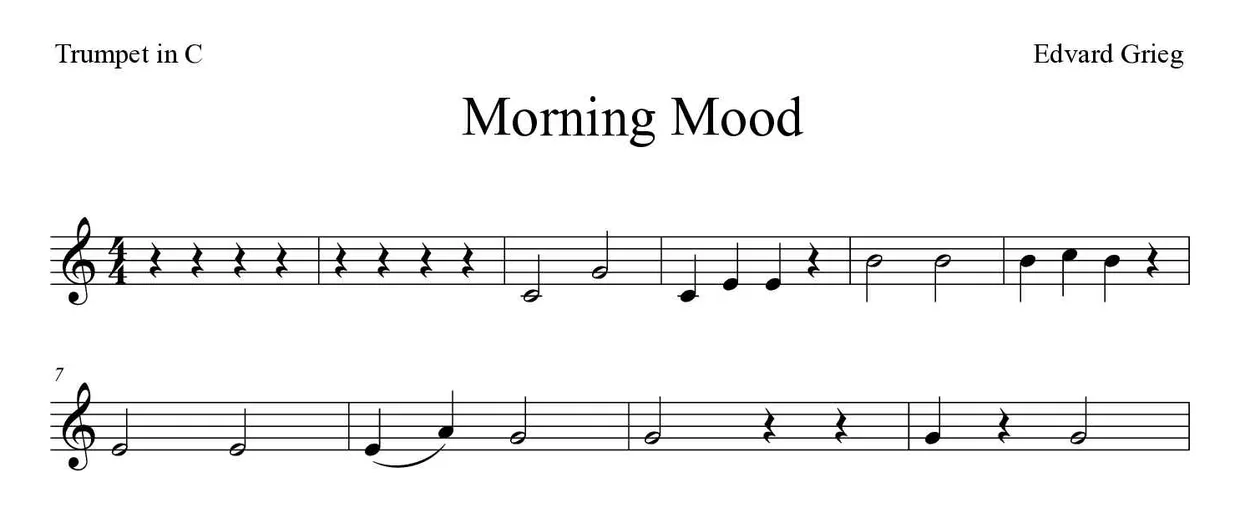 「Morning Mood」Trumpet in C用楽譜の最初の数段