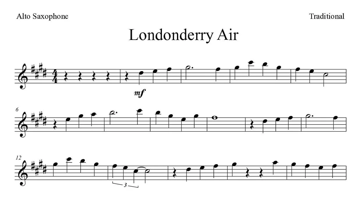 「Londonderry Air」Alto Saxophone用楽譜の最初の数段
