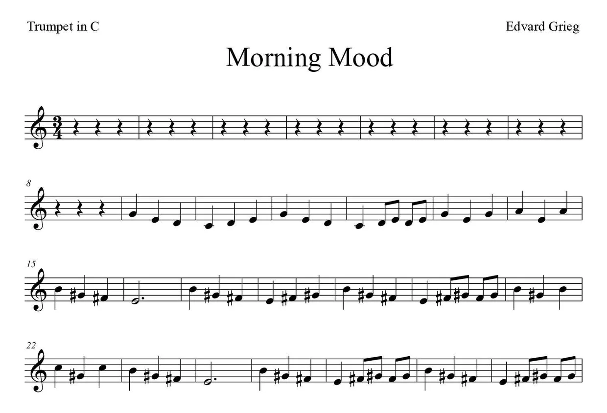 Partitura de Morning Mood para trompete em Do, primeiras linhas