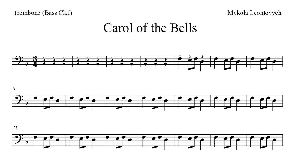 ‘Carol of the Bells’ Trombone 악보의 첫 몇 줄