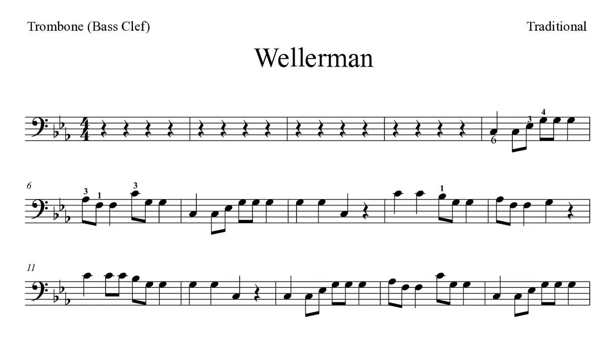 Partitura de Wellerman para trombón, primeras líneas