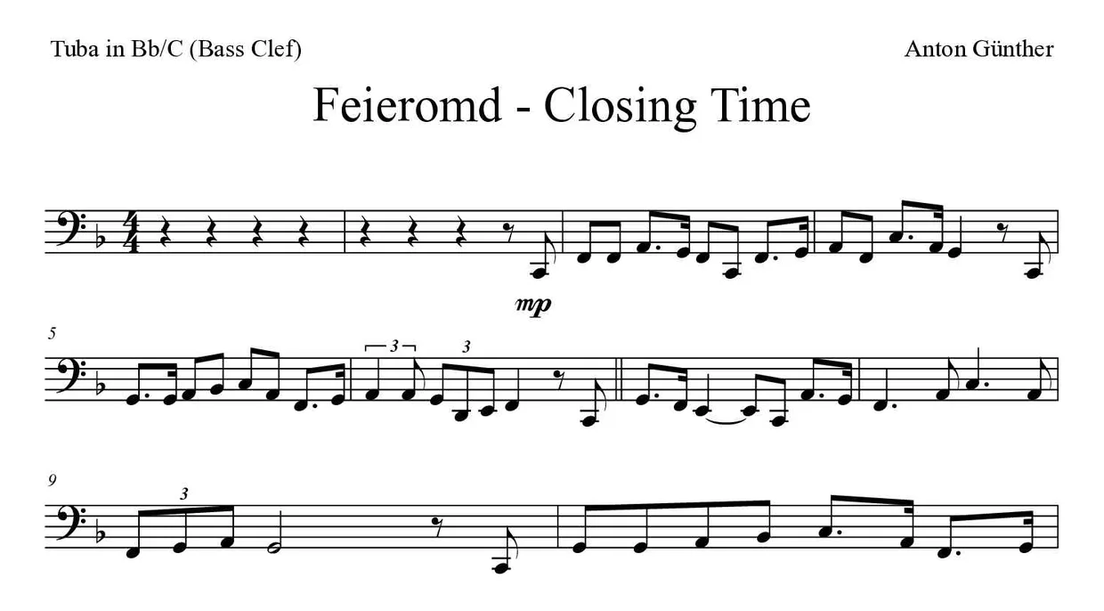 「Feieromd - Closing Time」Tuba in Bb/C (Bass Clef)用楽譜の最初の数段
