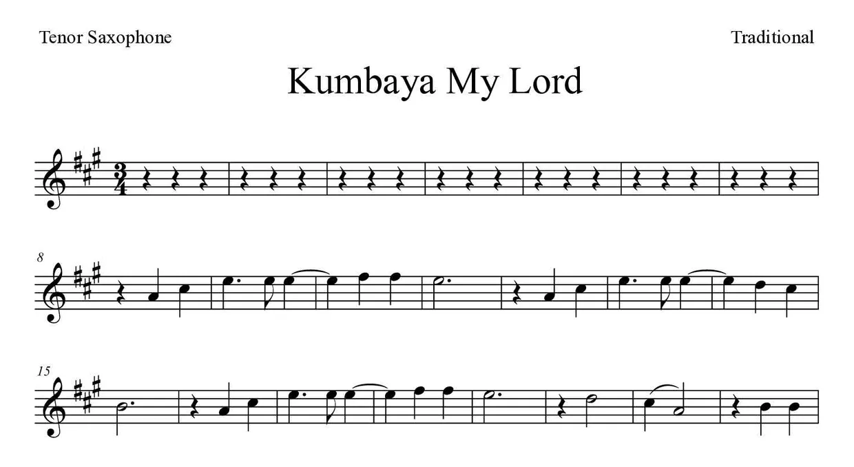 Bladmuziek van Kumbaya My Lord voor tenor saxophone, eerste regels
