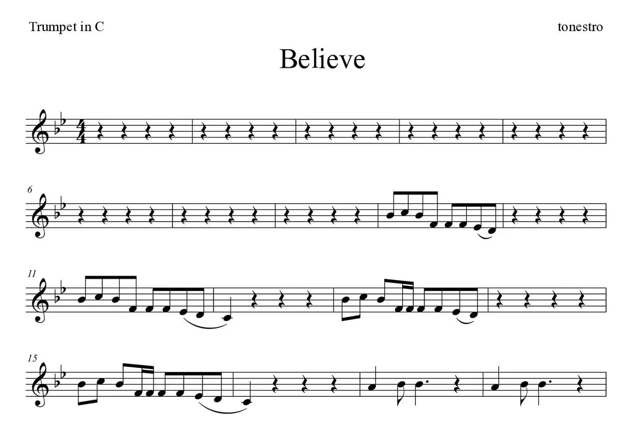 Partition de Believe pour trompette en do, premières lignes