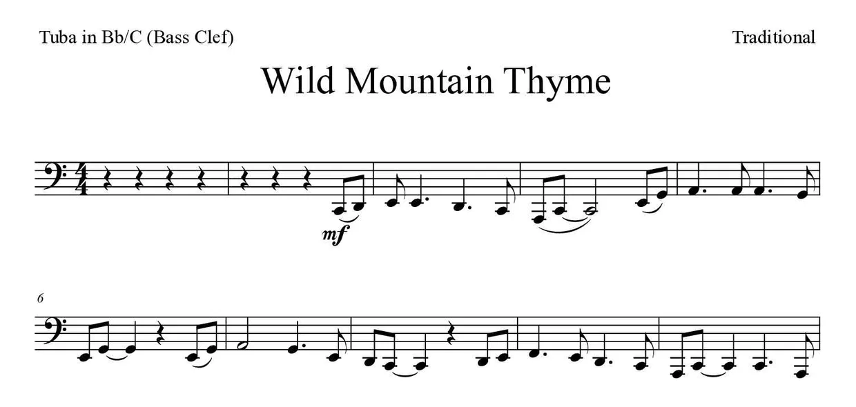 Partitura de Wild Mountain Thyme para tuba en Sib/Do (clave de Fa), primeras líneas