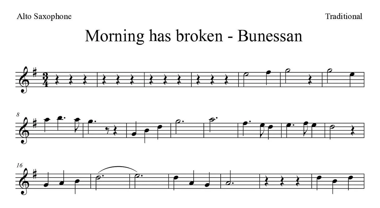 ‘Morning has broken - Bunessan ’ Alto Saxophone 악보의 첫 몇 줄