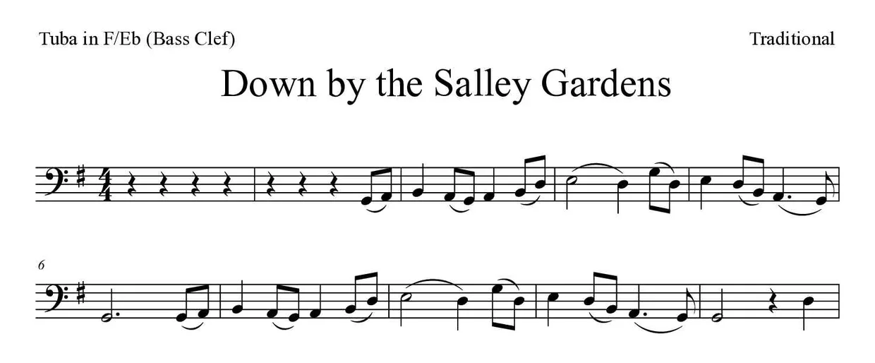 Bladmuziek van Down by the Salley Gardens voor tuba in F/Eb (bass clef), eerste regels