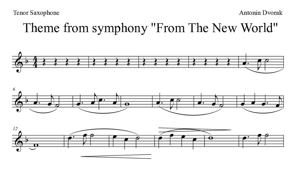 Partitura de Theme from symphony "From The New World" para saxofone tenor, primeiras linhas