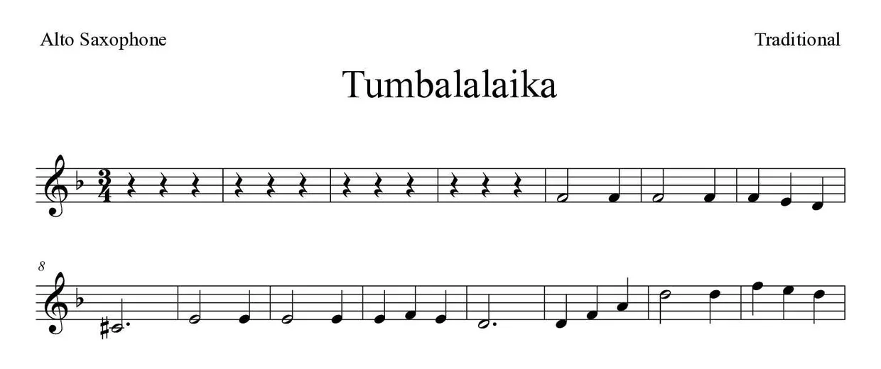 ‘Tumbalalaika’ Alto Saxophone 악보의 첫 몇 줄