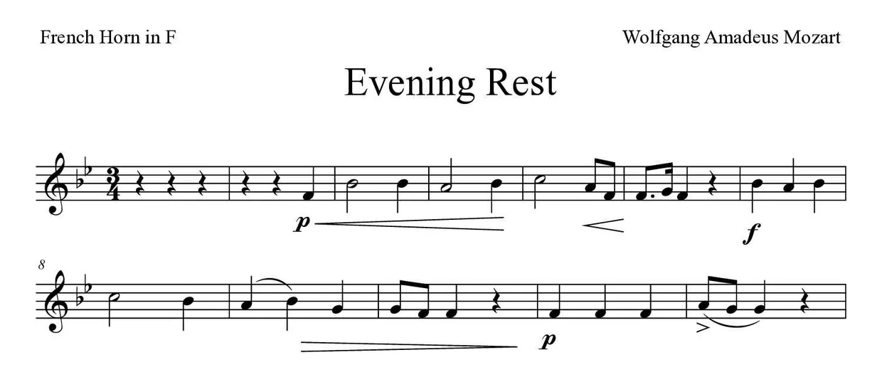 Partitura de Evening Rest para trompa, primeras líneas