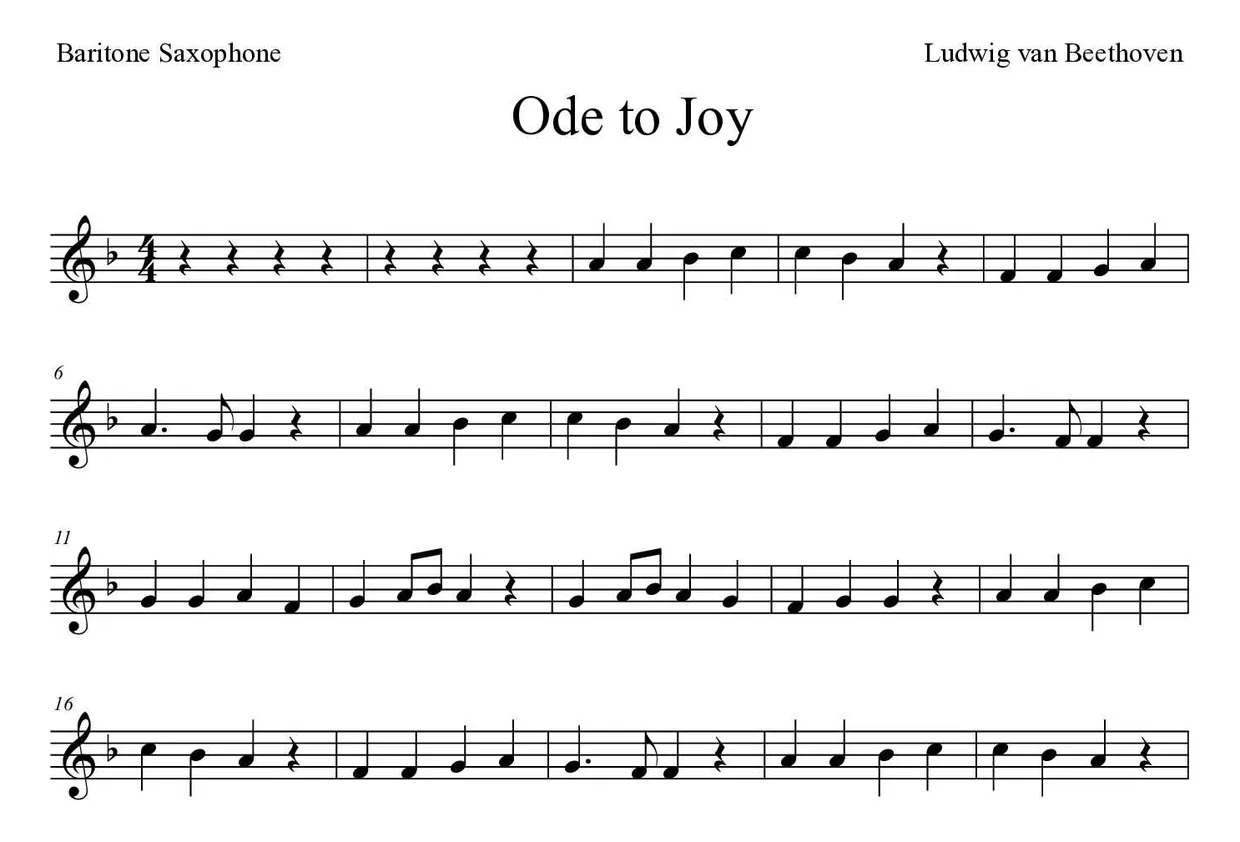 「Ode to Joy」Baritone Saxophone用楽譜の最初の数段